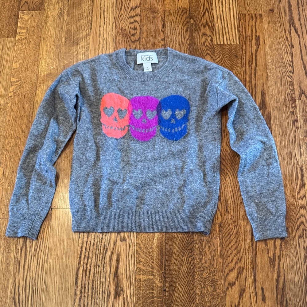 Autumn Cashmere Kids Girl’s Gray Sweater with Colorful Skull Design Size 8